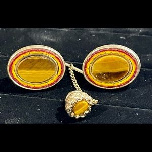 Swank Tiger-Eye Stone Gold Tone Cuff Links and Tie Pin Set